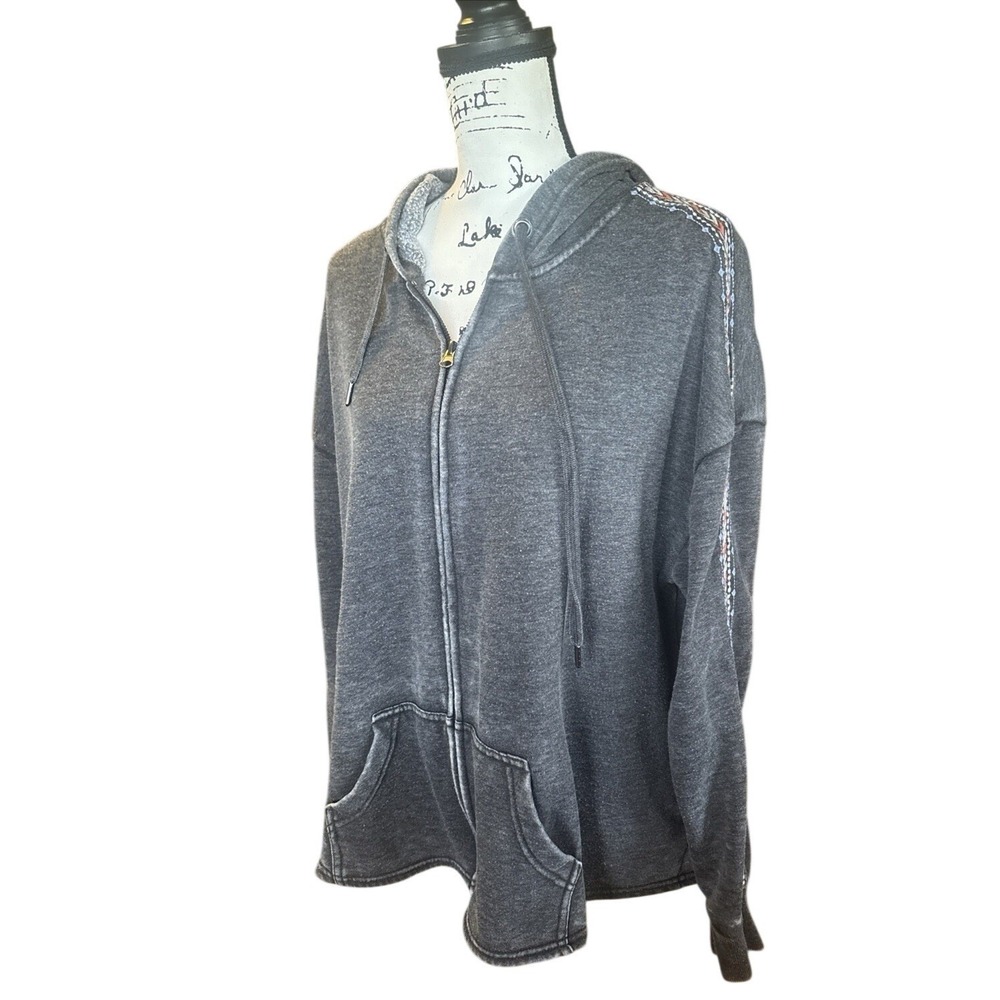 Full Zip Hoodie Sweatshirt Women's Size‎ X-Large Gray Embroidered Sleeves